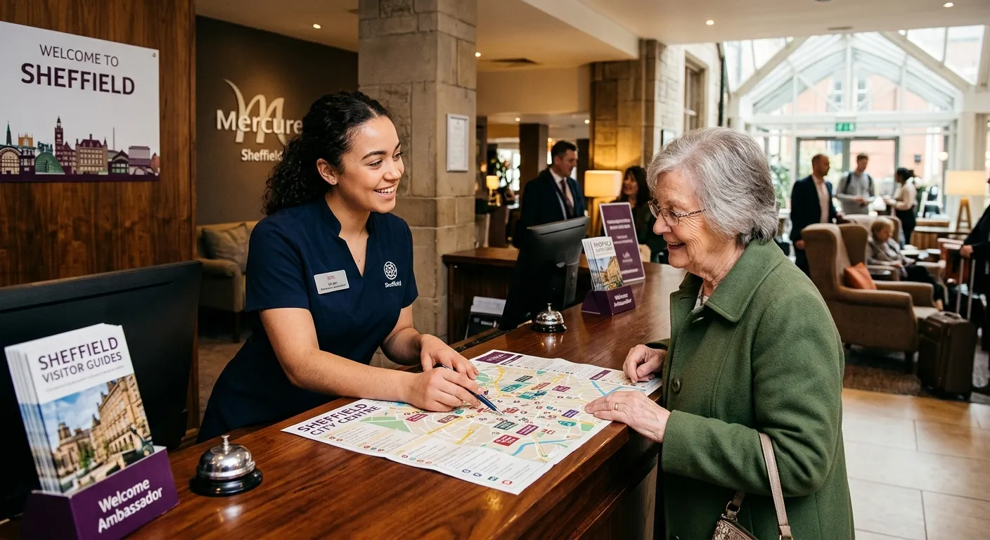 A professional, friendly hotel receptionist in a Sheffield hotel lobby, assisting a guest with a map... A professional, friendly hotel receptionist in a Sheffield hotel lobby, assisting a guest with a map, showcasing the local ambassador role