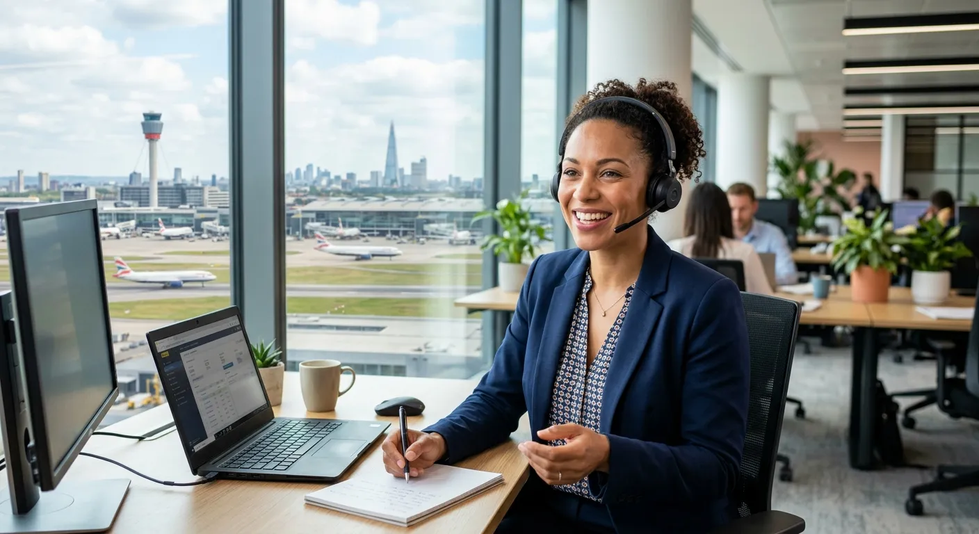 A professional, friendly-looking person of diverse background wearing a headset, smiling while on a... A professional, friendly-looking person of diverse background wearing a headset, smiling while on a call in a modern, bright office environment with London/Heathrow skyline visible through a window. Style: Professional stock photo, mood: engaging, confident, and energetic.
