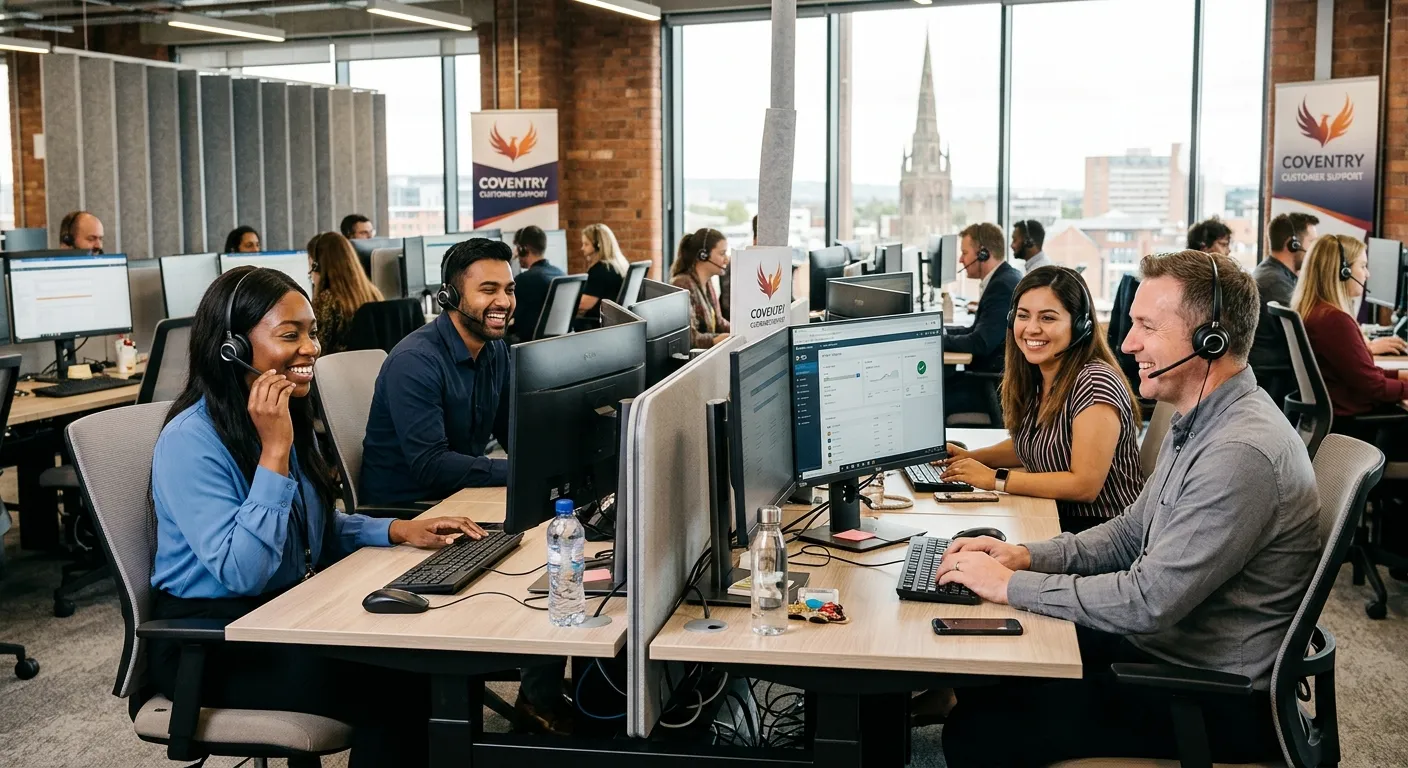 A professional, diverse team of customer service representatives in a modern Coventry call centre, smiling and wearing headsets. The mood is energetic, professional, and welcoming.