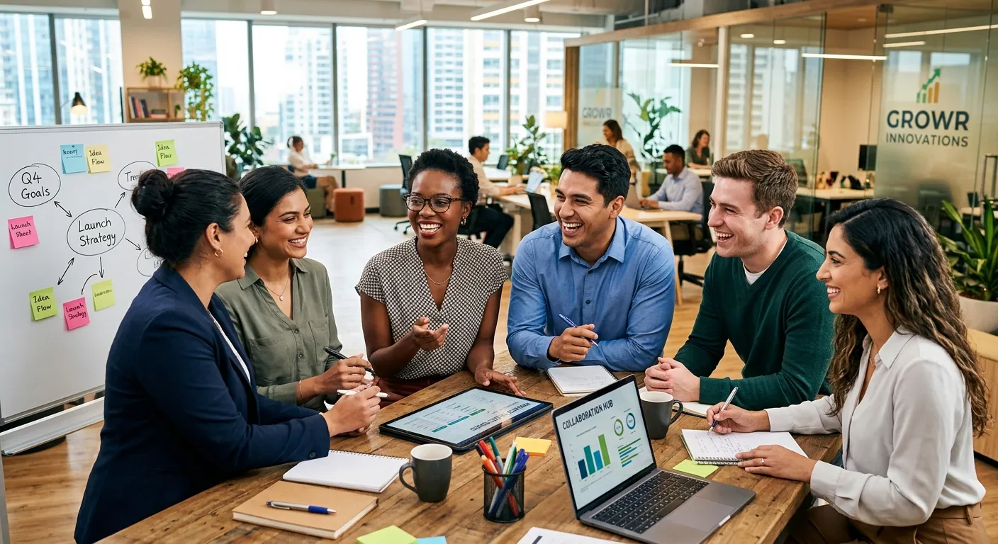 A professional, high-energy photo of a diverse team collaborating in a modern office. Focus on smili... A professional, high-energy photo of a diverse team collaborating in a modern office. Focus on smiling faces, teamwork, and a bright, contemporary workspace. Style: Corporate photography, vibrant and aspirational.
