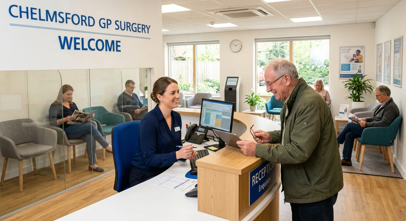 A professional, welcoming image of a modern GP surgery reception in Chelmsford. A friendly reception... A professional, welcoming image of a modern GP surgery reception in Chelmsford. A friendly receptionist in smart attire is helping a patient at the desk, with a calm, organised waiting area in the background. Style: Professional, bright, and trustworthy.