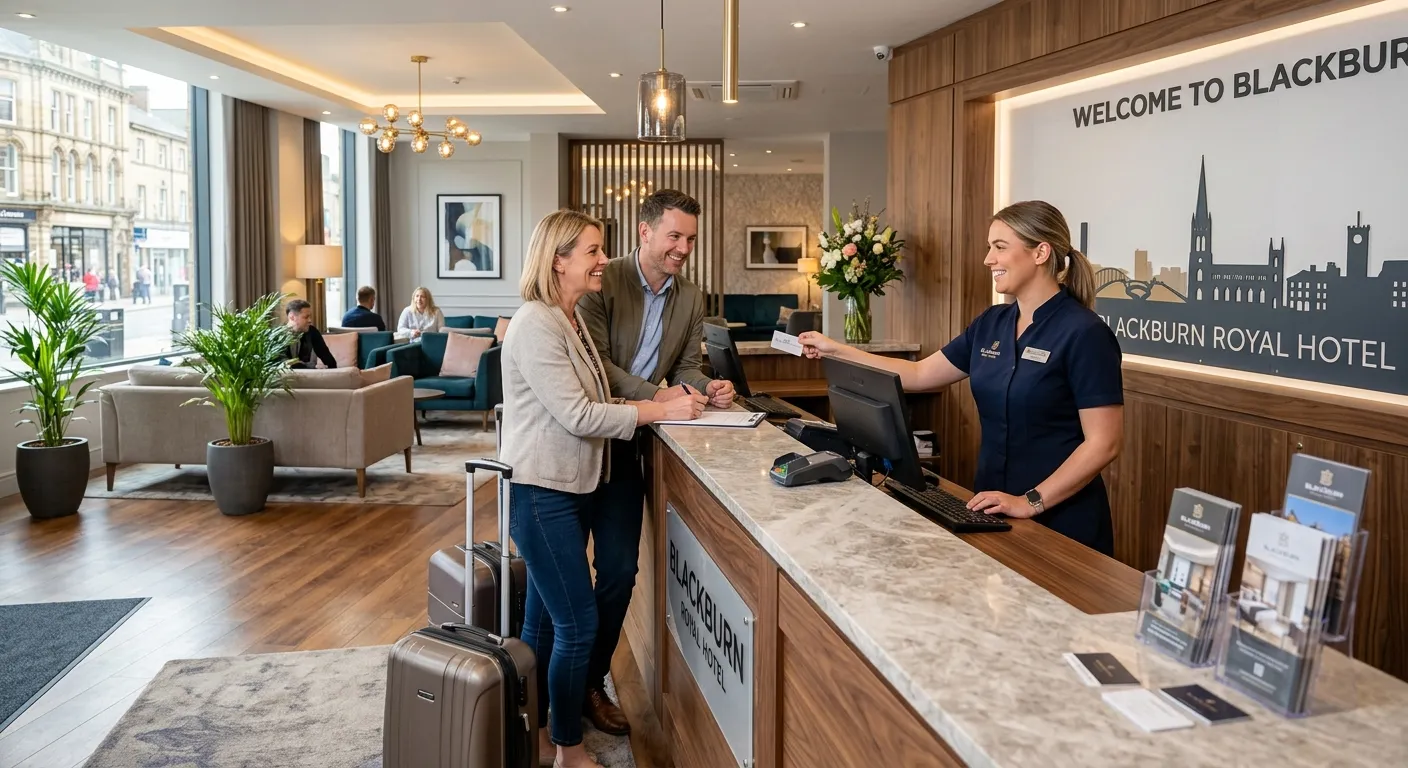 Professional, welcoming image of a modern hotel reception desk in a Blackburn setting, featuring a friendly receptionist assisting guests. Bright, clean, and inviting atmosphere.