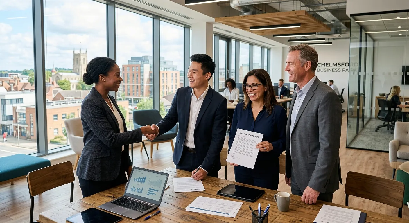 Modern, professional photograph of a diverse group of business professionals in a contemporary Chelm... Modern, professional photograph of a diverse group of business professionals in a contemporary Chelmsford office, shaking hands and reviewing documents, symbolizing successful recruitment. Bright, optimistic lighting.
