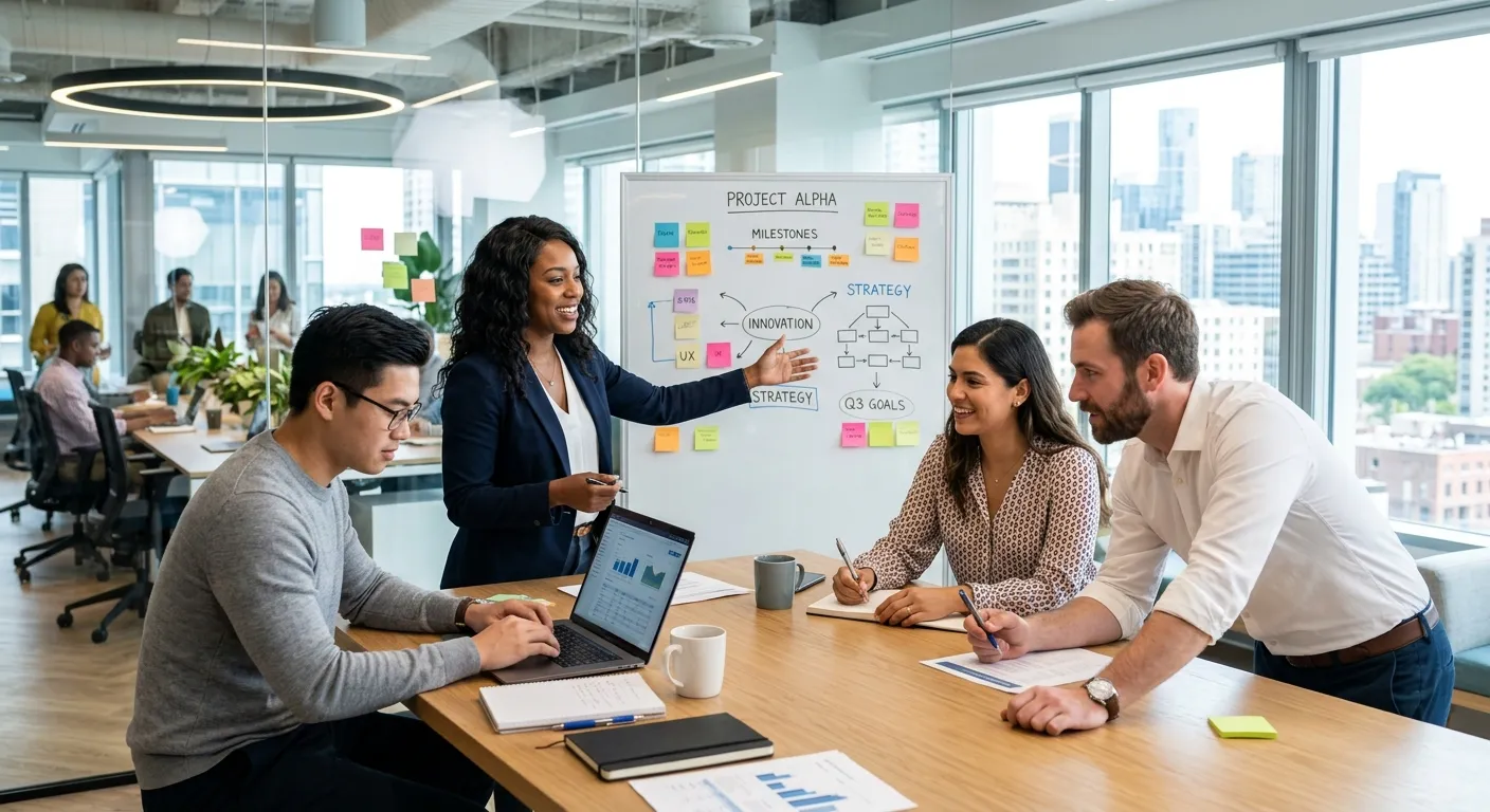 A diverse group of professional, engaged workers collaborating in a modern, bright office environment. Style: Corporate, optimistic, high-resolution. Mood: Productive, dynamic, and forward-thinking.