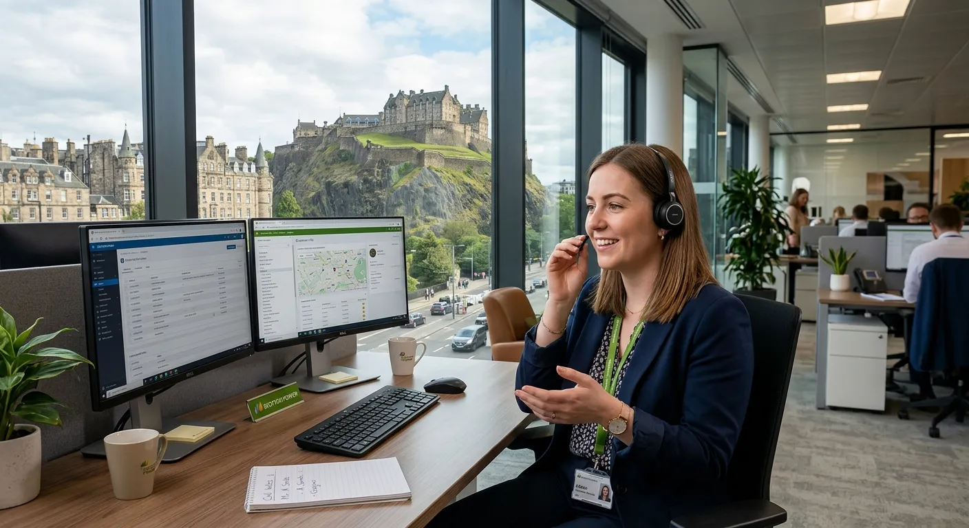 A professional, confident Customer Service Representative speaking on a headset in a modern Edinburgh office, with a view of Edinburgh Castle visible through a window, representing the local EH2 location.