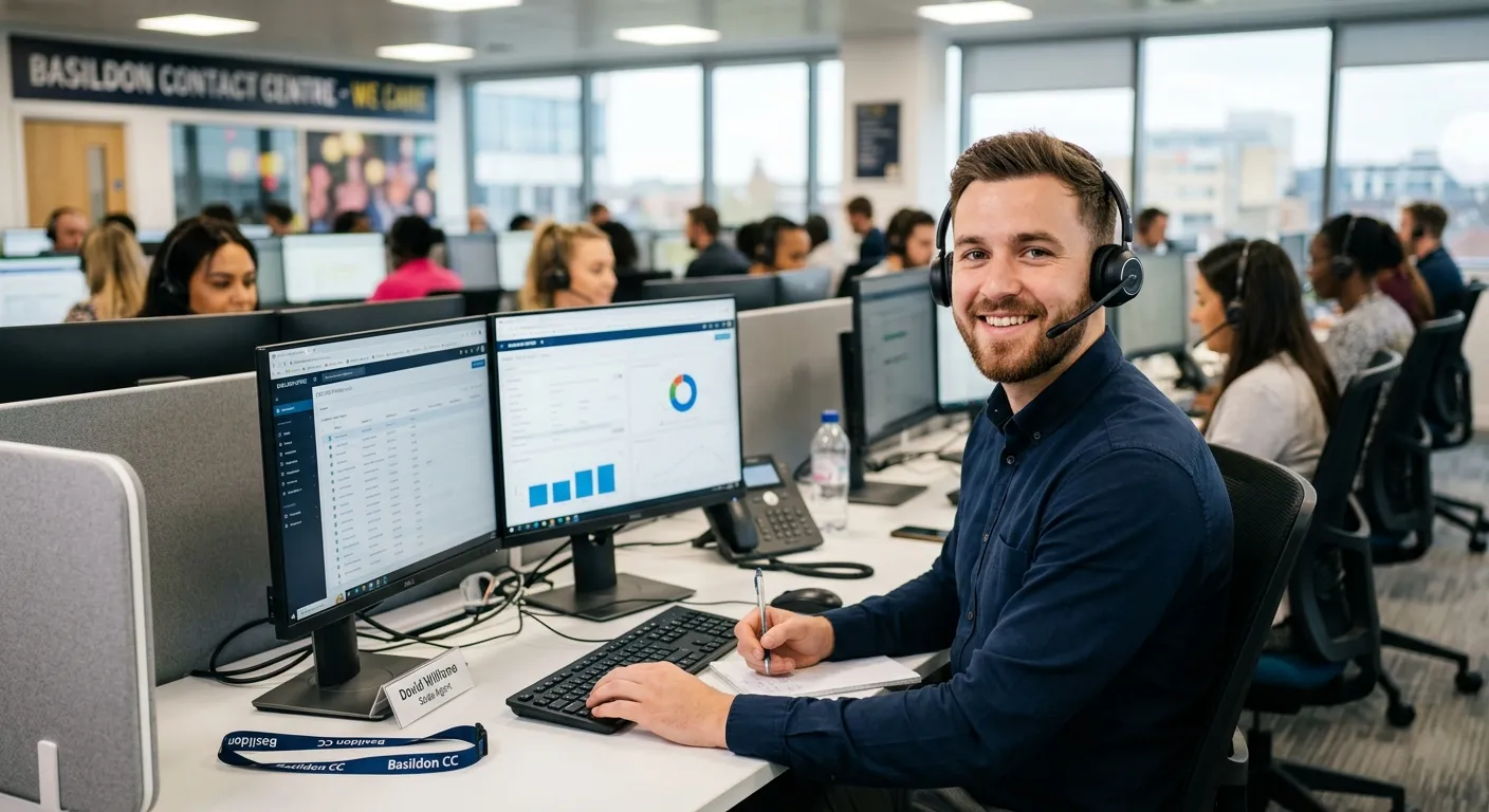 A professional, confident telemarketer in a modern call centre environment, smiling and wearing a he... A professional, confident telemarketer in a modern call centre environment, smiling and wearing a headset, with a blurred background of a vibrant office in Basildon. Style: Professional, approachable, high-quality photography.