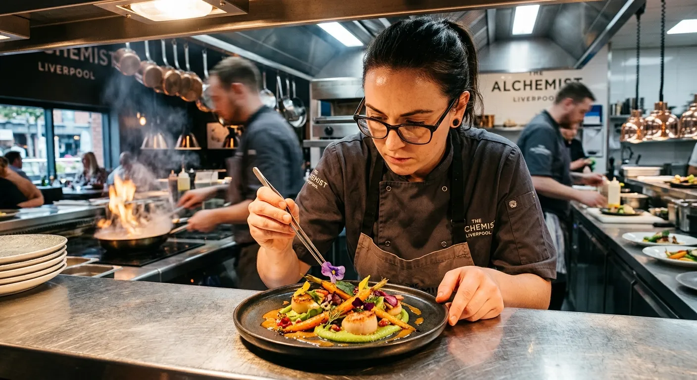 Professional chef plating an elegant dish in a modern, bustling restaurant kitchen in Liverpool, action shot, vibrant colours