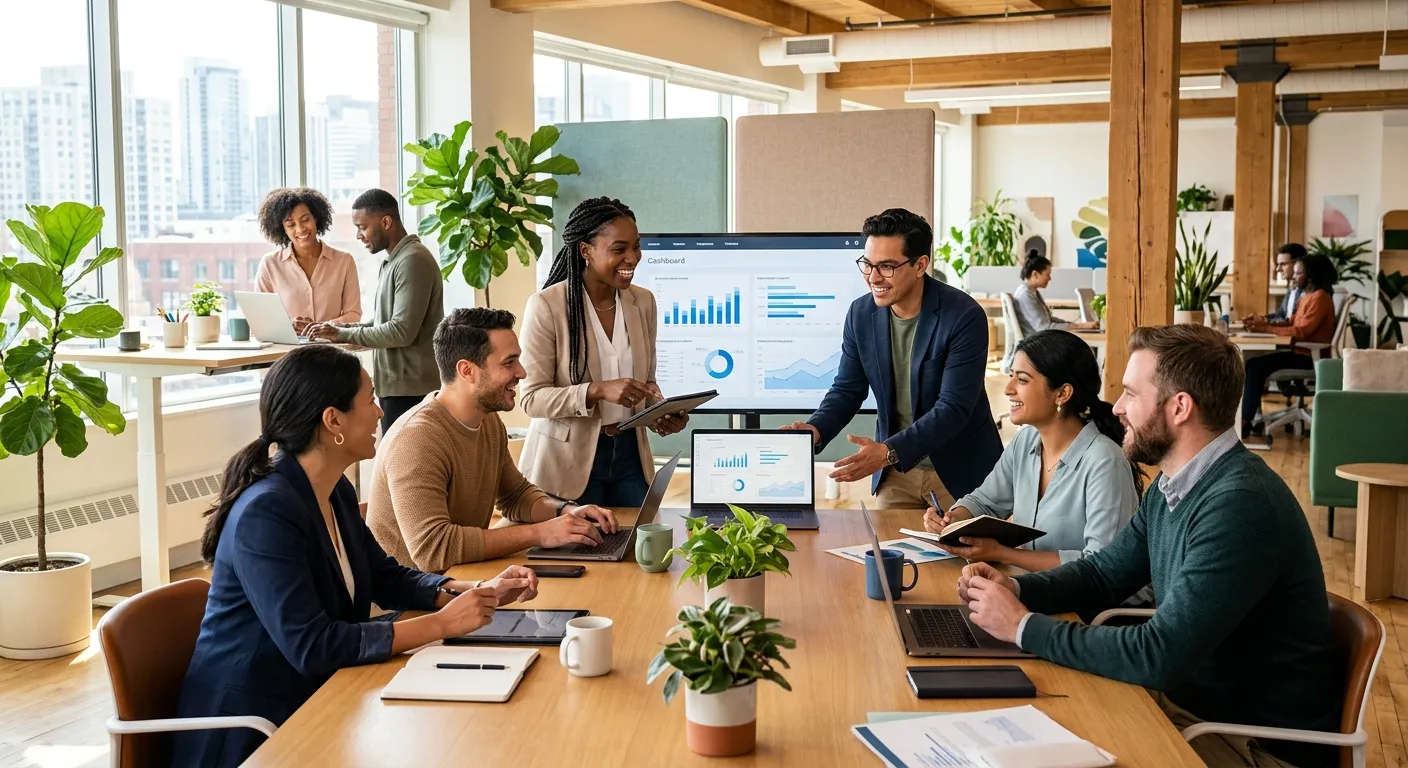 A diverse group of modern professionals collaborating in a bright, open-plan office. Style: professi... A diverse group of modern professionals collaborating in a bright, open-plan office. Style: professional, vibrant, and inclusive. Mood: productive, connected, and forward-thinking.