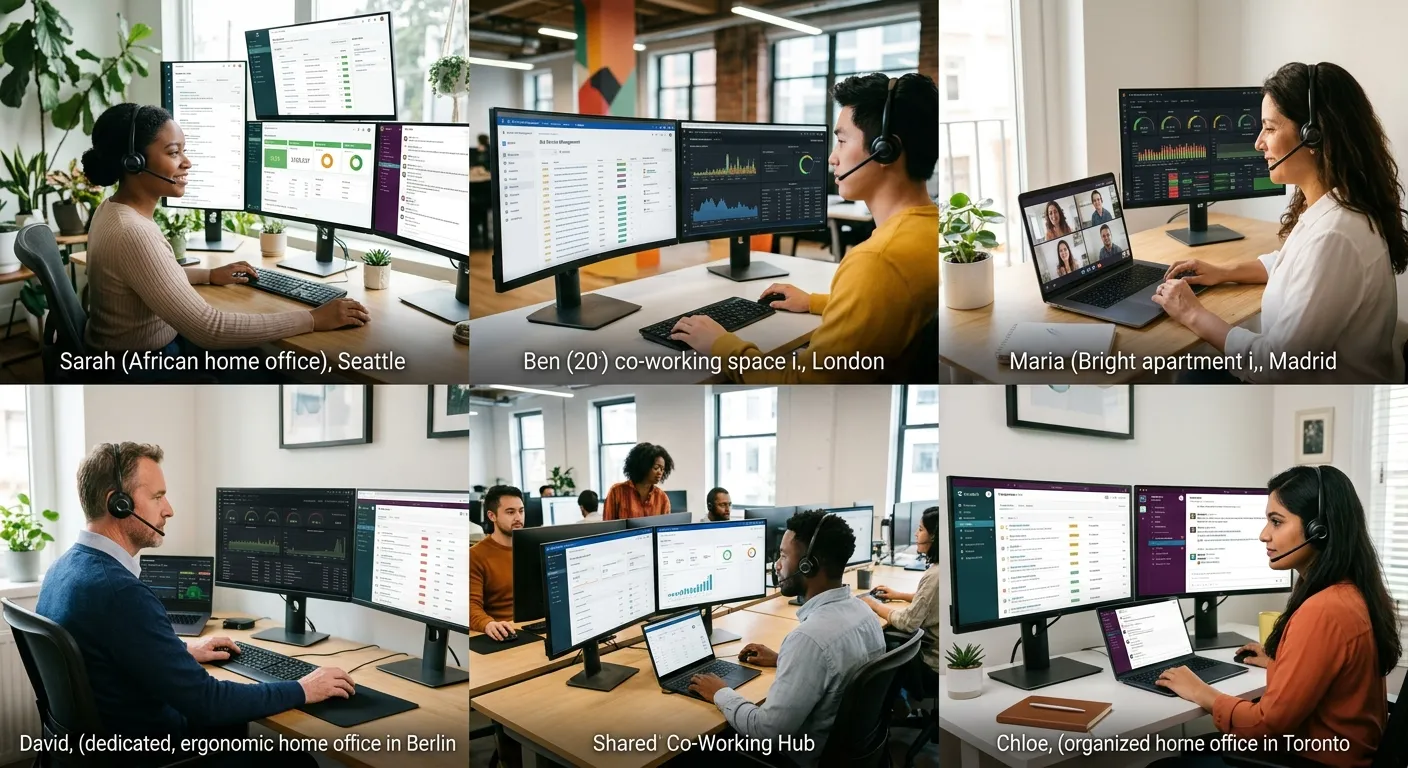 A modern, diverse team of IT support professionals working remotely from home offices and co-working spaces. Multiple monitors display ticketing systems and analytics dashboards. Style: Professional, aspirational, high-tech.