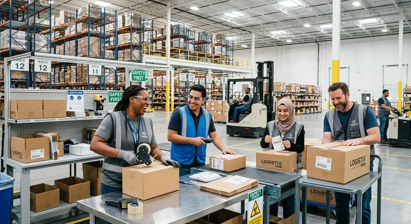 A dynamic, high-energy hero image showing a diverse team of light industrial workers in a modern, clean warehouse or manufacturing facility. They are collaborating around a packing station, smiling, with forklifts and organized shelving in the background. Style is professional, bright, and aspirational.