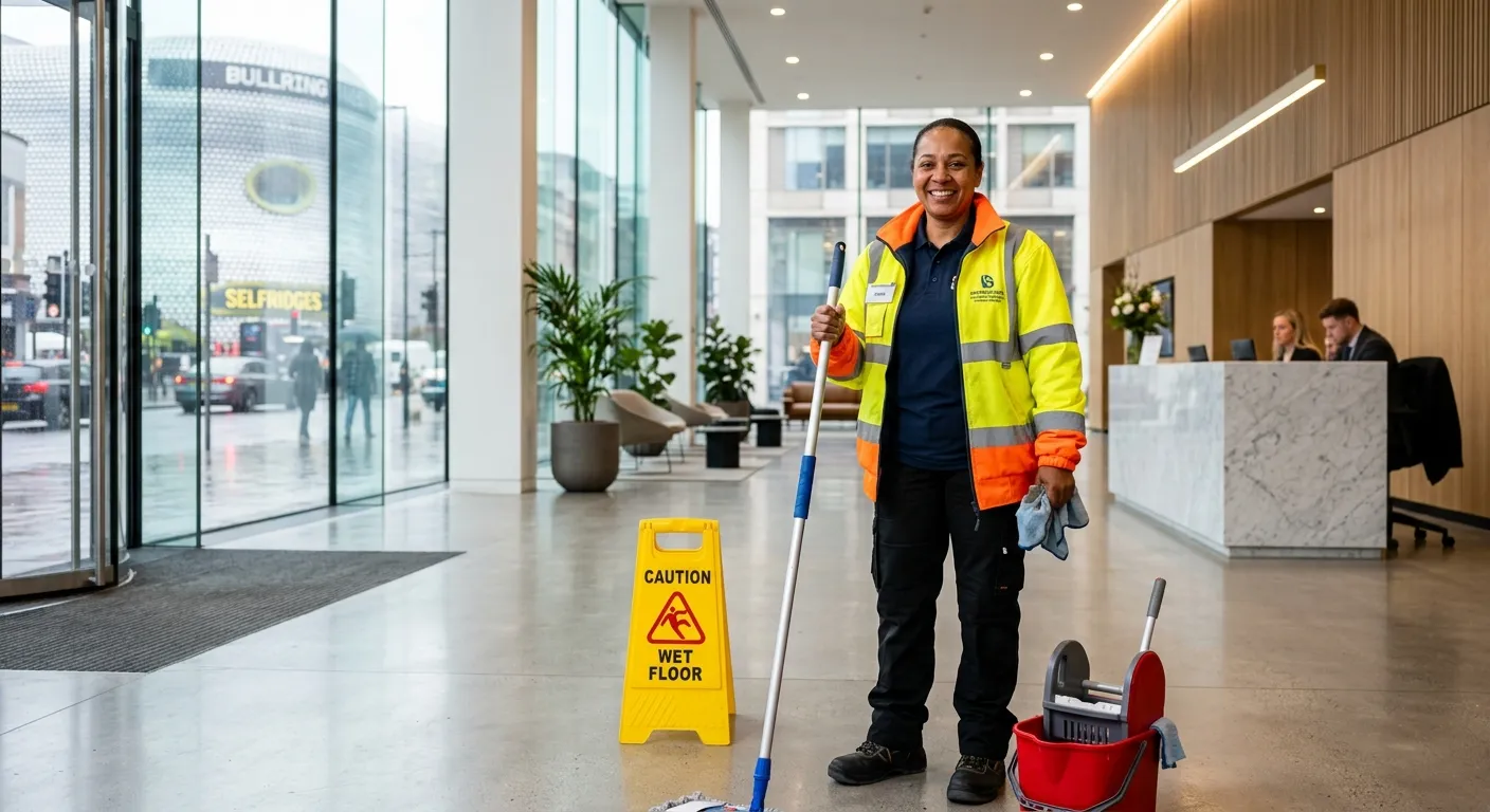 A professional, well-lit photo of a Site Cleaner in high-visibility clothing, smiling and holding cleaning equipment, standing in a clean, modern commercial building lobby in Birmingham. Style: authentic, approachable, and professional.