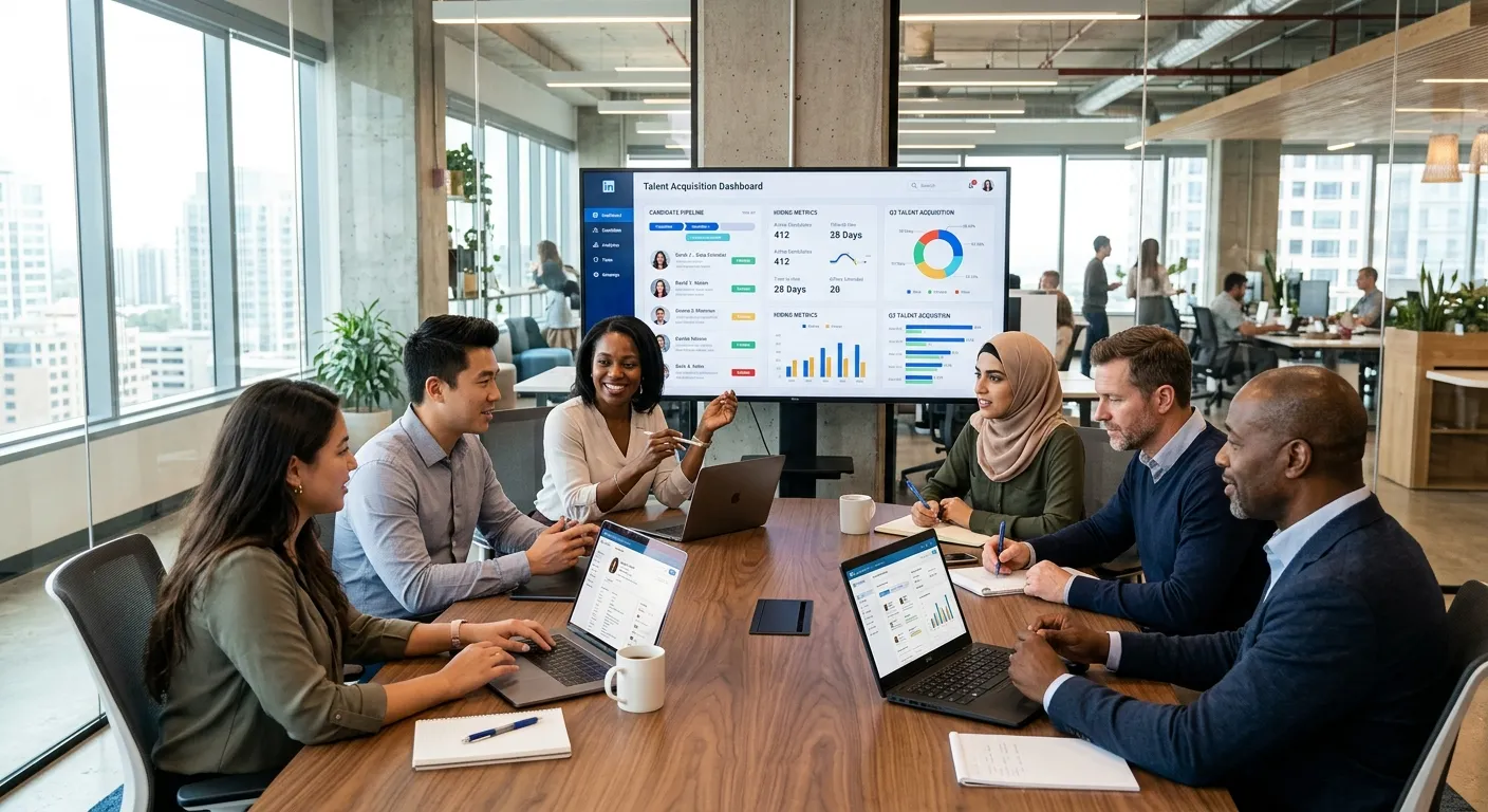A modern, professional office scene with a diverse team of recruiters and HR managers collaborating over digital screens showing candidate profiles and analytics dashboards. Style: Bright, optimistic, and focused. Mood: Dynamic, successful, and strategic.