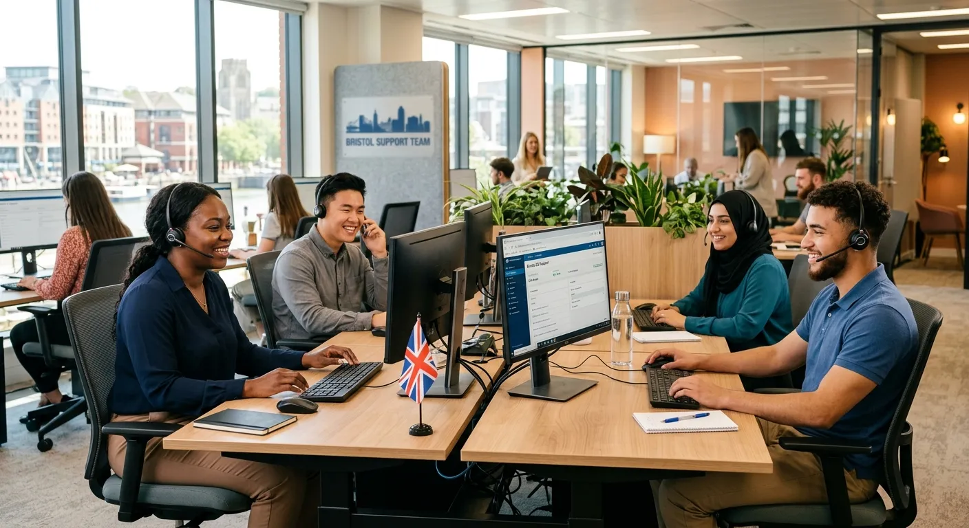 A professional, diverse team of customer service advisors in a modern Bristol call centre, smiling and wearing headsets, with a bright, collaborative office environment visible in the background. Style: professional stock photo, warm and inviting mood.