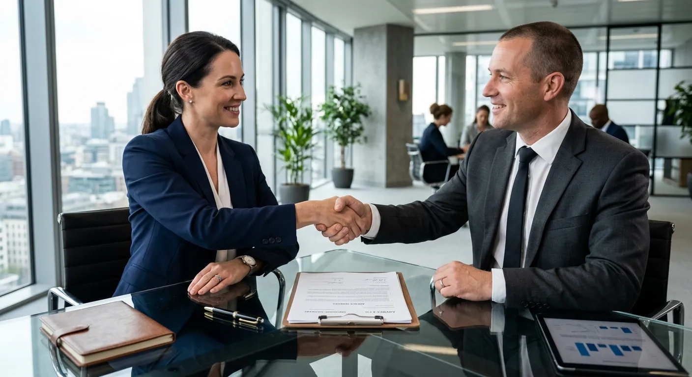 A professional, high-contrast image of two business professionals shaking hands over a contract docu... A professional, high-contrast image of two business professionals shaking hands over a contract document on a modern glass desk. One represents an agency, the other a client. The mood is collaborative, trustworthy, and professional.