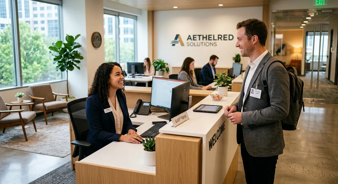 A modern, professional office reception area with a friendly temporary receptionist greeting a visitor. Bright, clean, and professional mood, showing excellent customer service.