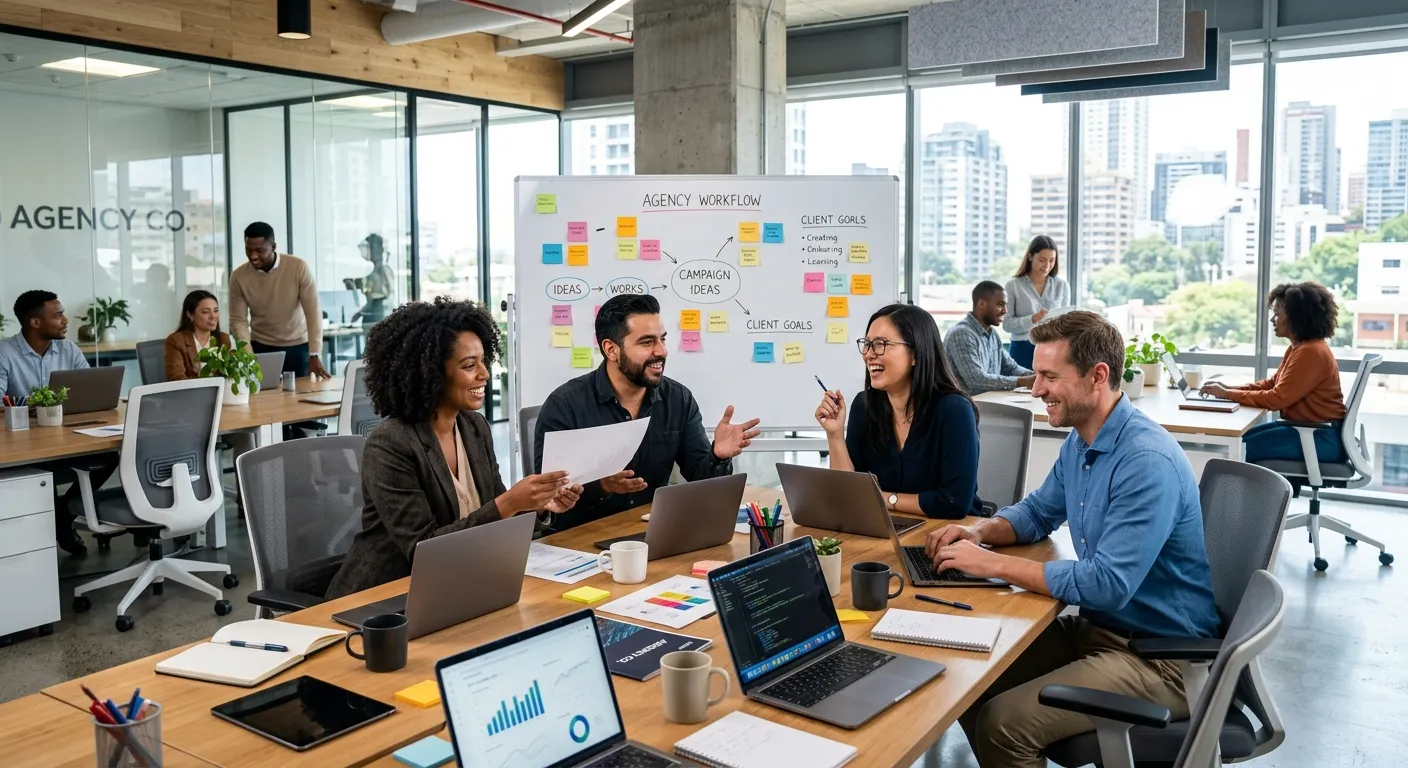 A diverse group of professional agency workers in a modern office setting, collaborating and smiling... A diverse group of professional agency workers in a modern office setting, collaborating and smiling. Professional, bright, and energetic corporate style.