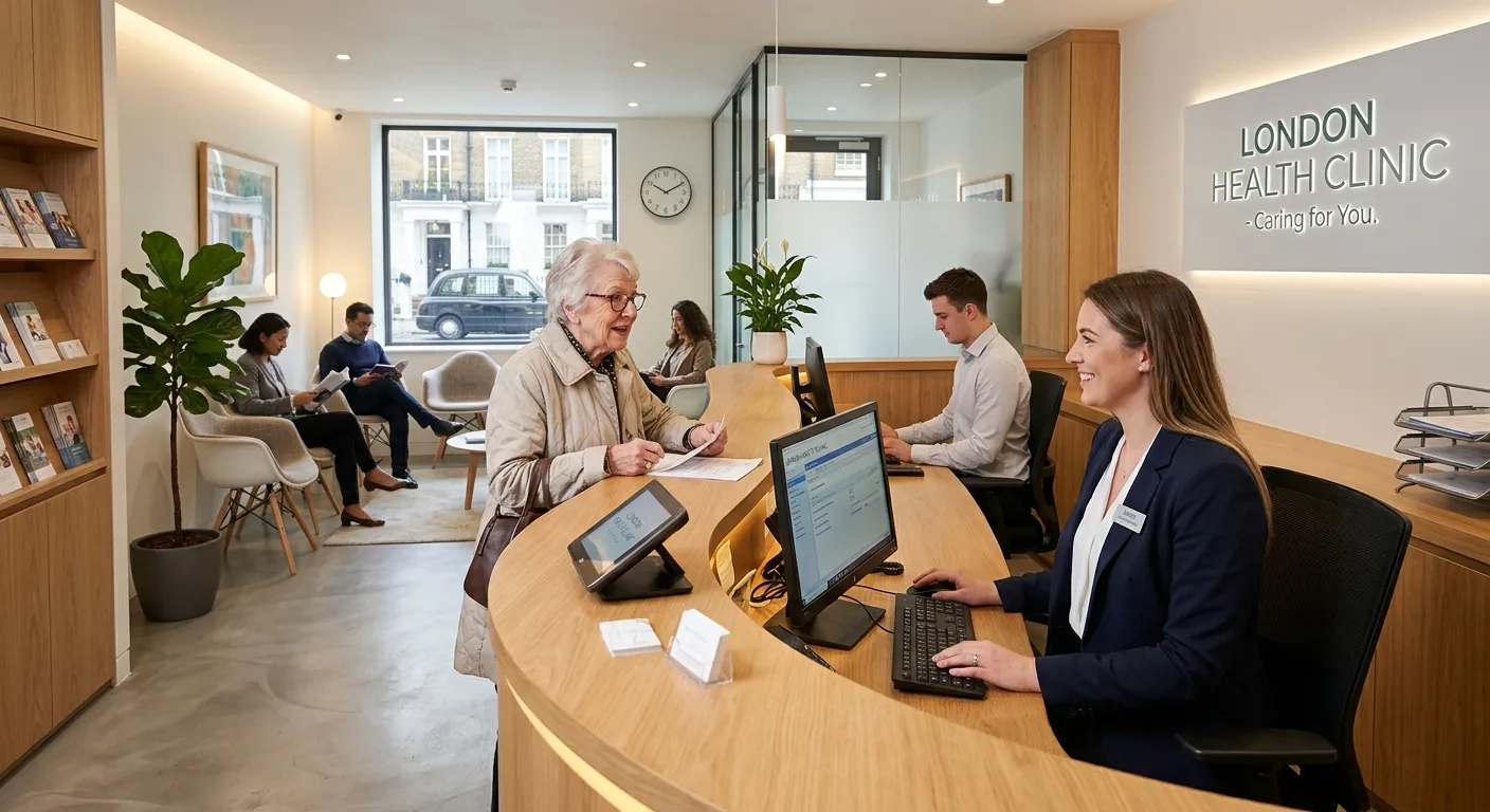 A professional, welcoming image of a modern medical reception area in London, with a friendly receptionist in smart attire assisting a patient. Bright, clean, and professional mood.