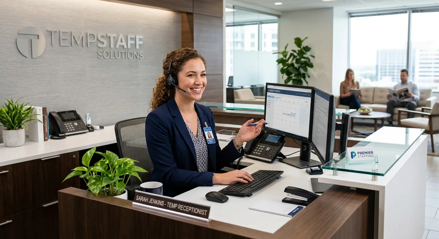 A professional, high-contrast photo of a modern office reception desk. A well-dressed, smiling temp agency receptionist is actively engaged, speaking on a headset while simultaneously using a computer. The style is bright, crisp, and professional, conveying efficiency and approachability.