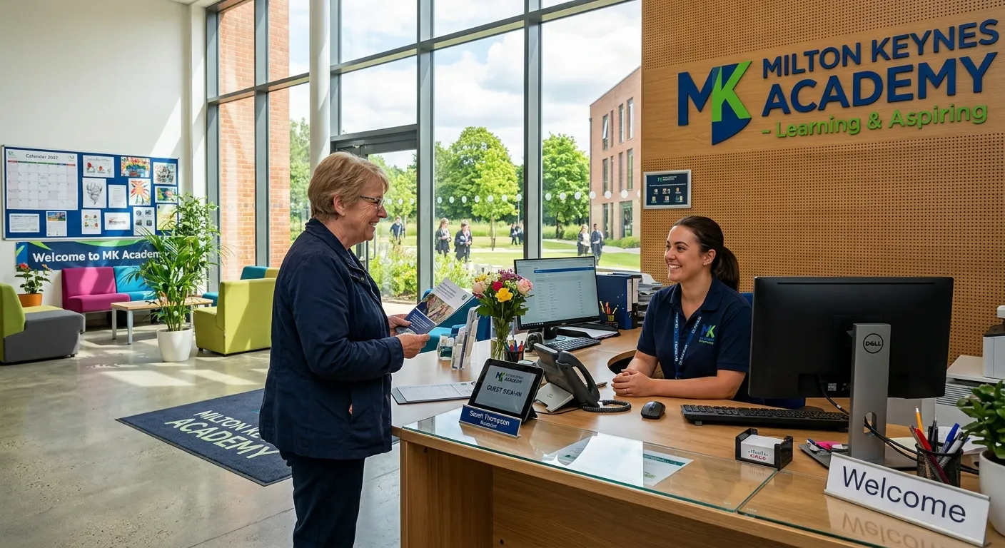 A welcoming, modern school reception area in Milton Keynes, with a professional receptionist smiling... A welcoming, modern school reception area in Milton Keynes, with a professional receptionist smiling and assisting a visitor, natural light from windows, tidy desk with computer and phone, school logos visible.