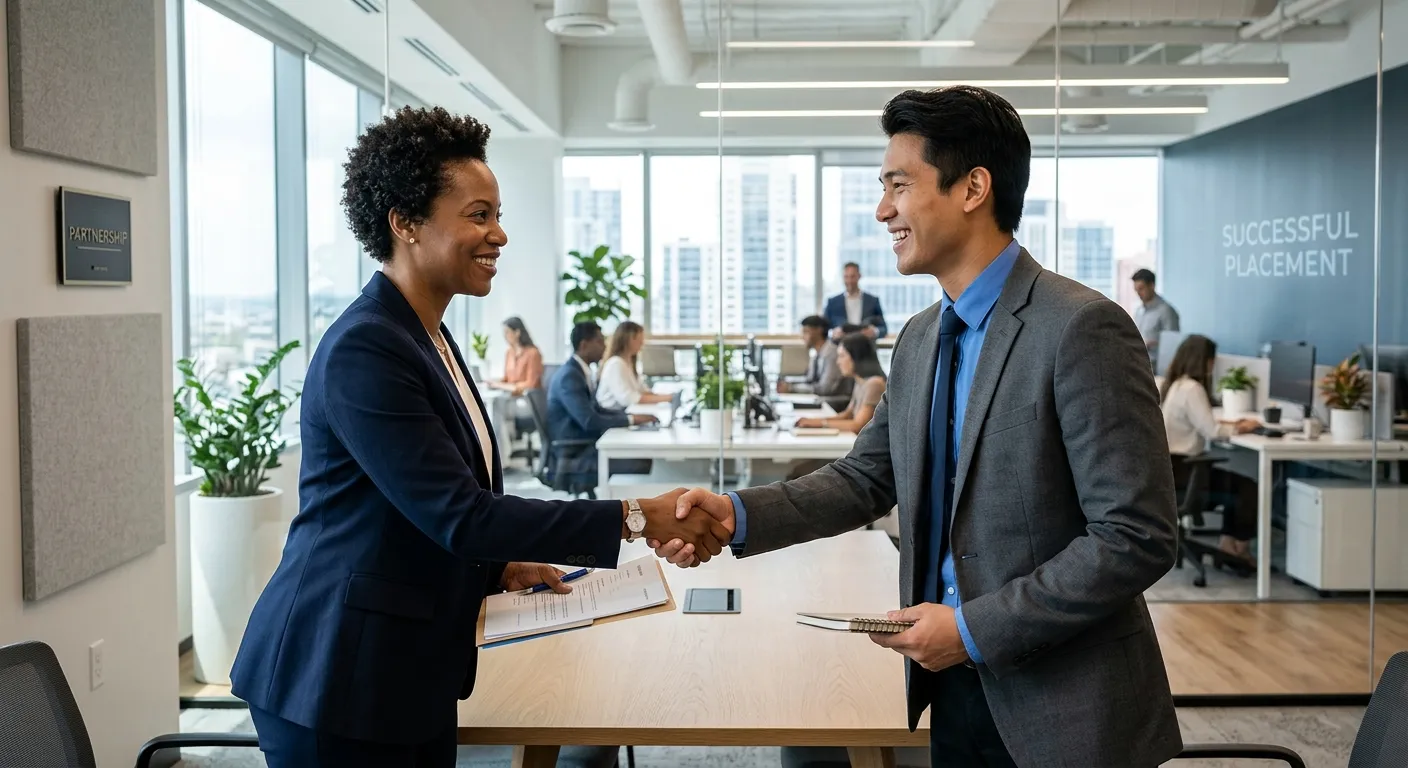 A modern, professional office setting with a diverse hiring manager and candidate shaking hands, sym... A modern, professional office setting with a diverse hiring manager and candidate shaking hands, symbolizing a successful direct hire placement. Style: Bright, sharp, professional photography. Mood: Trust, success, and partnership.