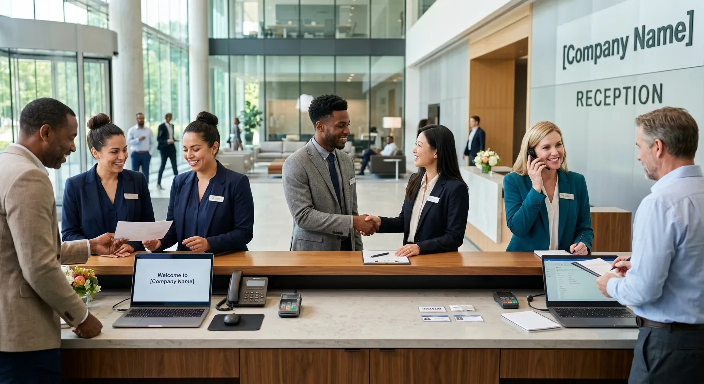 A diverse, professional team of receptionists in a modern office lobby, smiling and assisting client... A diverse, professional team of receptionists in a modern office lobby, smiling and assisting clients. Style is bright, sharp, and welcoming, with a focus on professionalism and communication.