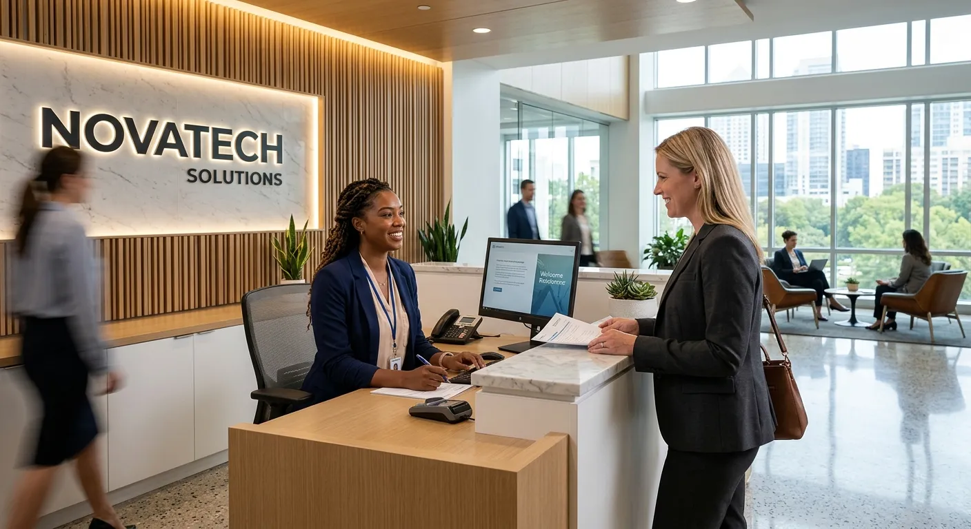 A modern, professional reception desk in a well-lit office lobby. A receptionist smiles warmly while assisting a visitor. Style: Clean, high-resolution, corporate mood.