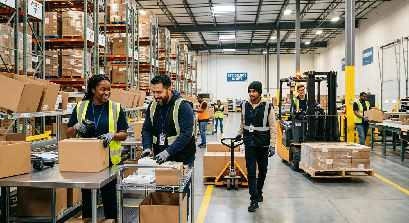 A dynamic, high-energy photo of a diverse team of seasonal warehouse staff in a modern, brightly lit distribution center. They are actively engaged in picking, packing, and operating forklifts, conveying teamwork and efficiency. Style: Professional stock photography with warm, optimistic lighting.