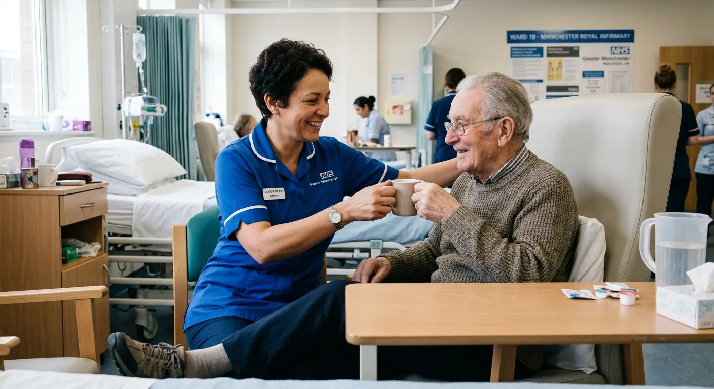 A friendly, professional healthcare support worker in a clinical environment in Manchester, smiling... A friendly, professional healthcare support worker in a clinical environment in Manchester, smiling while assisting a patient, conveying trust and care. Mood: Professional, warm, and local to the North West.