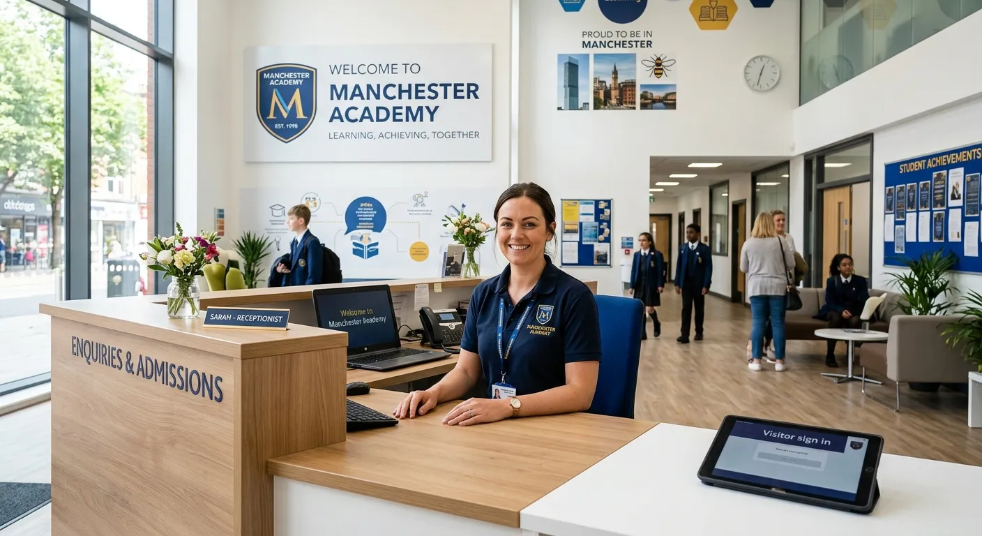 Professional, welcoming image of a modern school reception area in Manchester, with a friendly receptionist smiling at the camera. Bright, clean, and professional mood.