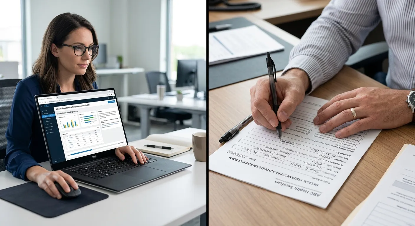 A split-screen image showing a candidate performing a software simulation test on a laptop on one side, and a close-up of a hand filling out an insurance pre-authorization form on the other.