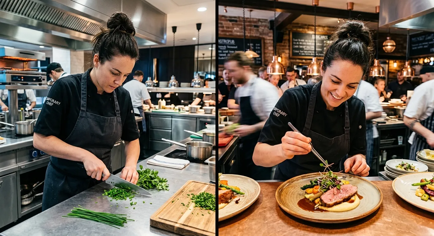 A dynamic, split-screen image showing a temporary chef in action. Left side: chef finely chopping he... A dynamic, split-screen image showing a temporary chef in action. Left side: chef finely chopping herbs in a sleek hotel kitchen. Right side: same chef plating a dish in a bustling gastropub. Captures variety and skill.