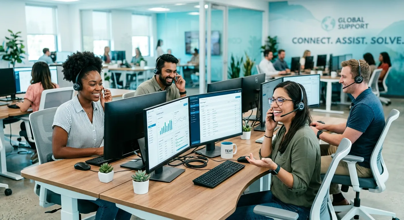 A modern, dynamic office scene showing a diverse team of customer service agents at a bright, multi-monitor help desk, smiling and wearing headsets. The image has a professional, energetic mood with a slight cyan tint overlay.