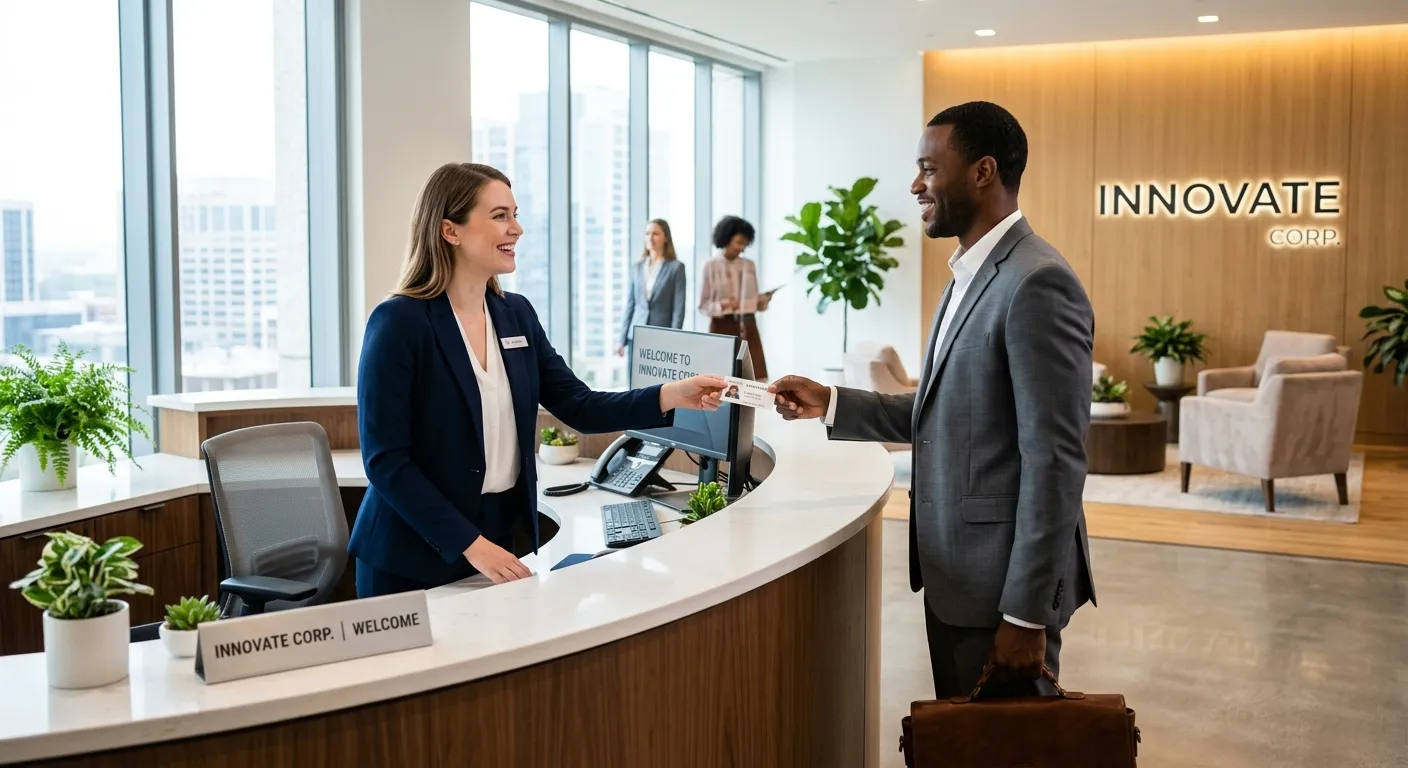 A modern, professional office reception area with a smiling, well-dressed receptionist assisting a visitor. The style is bright, sharp, and professional, conveying efficiency and warmth.