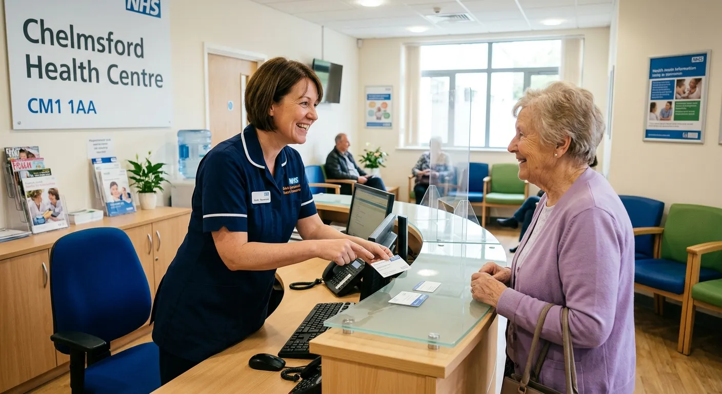 A professional, welcoming photo of a GP practice receptionist in Chelmsford CM1, smiling and assisting a patient at the front desk. The mood is warm, efficient, and healthcare-focused. Style: modern, bright office environment.