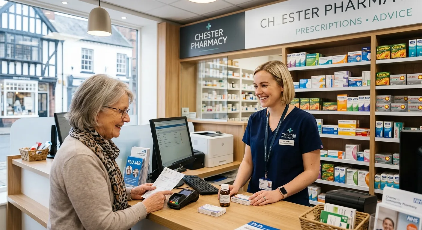 A professional, welcoming photo of a modern pharmacy counter in Chester. A friendly pharmacy assistant in a blue uniform is helping a customer, with shelves of medication in the background. The mood is professional, trustworthy, and local.