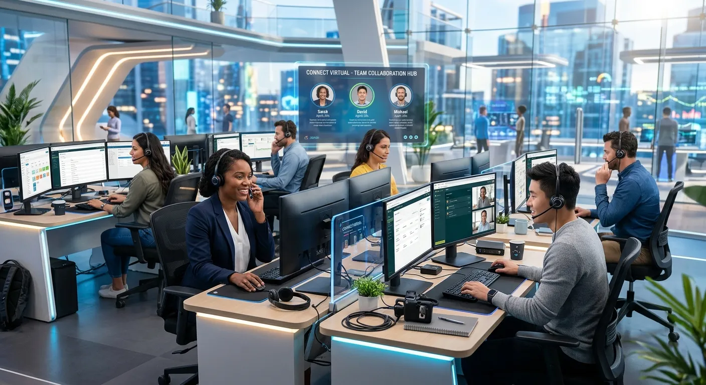 A modern, dynamic team of remote call center agents wearing headsets, working on multiple monitors in a bright, collaborative virtual workspace. The mood is professional, tech-forward, and energetic.