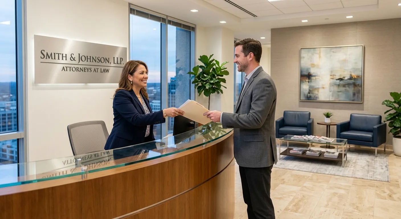 A modern, professional law firm reception area. A well-dressed receptionist smiles warmly while handing documents to a client. The style is crisp, bright, and professional, with a focus on the interaction and the sophisticated office environment.