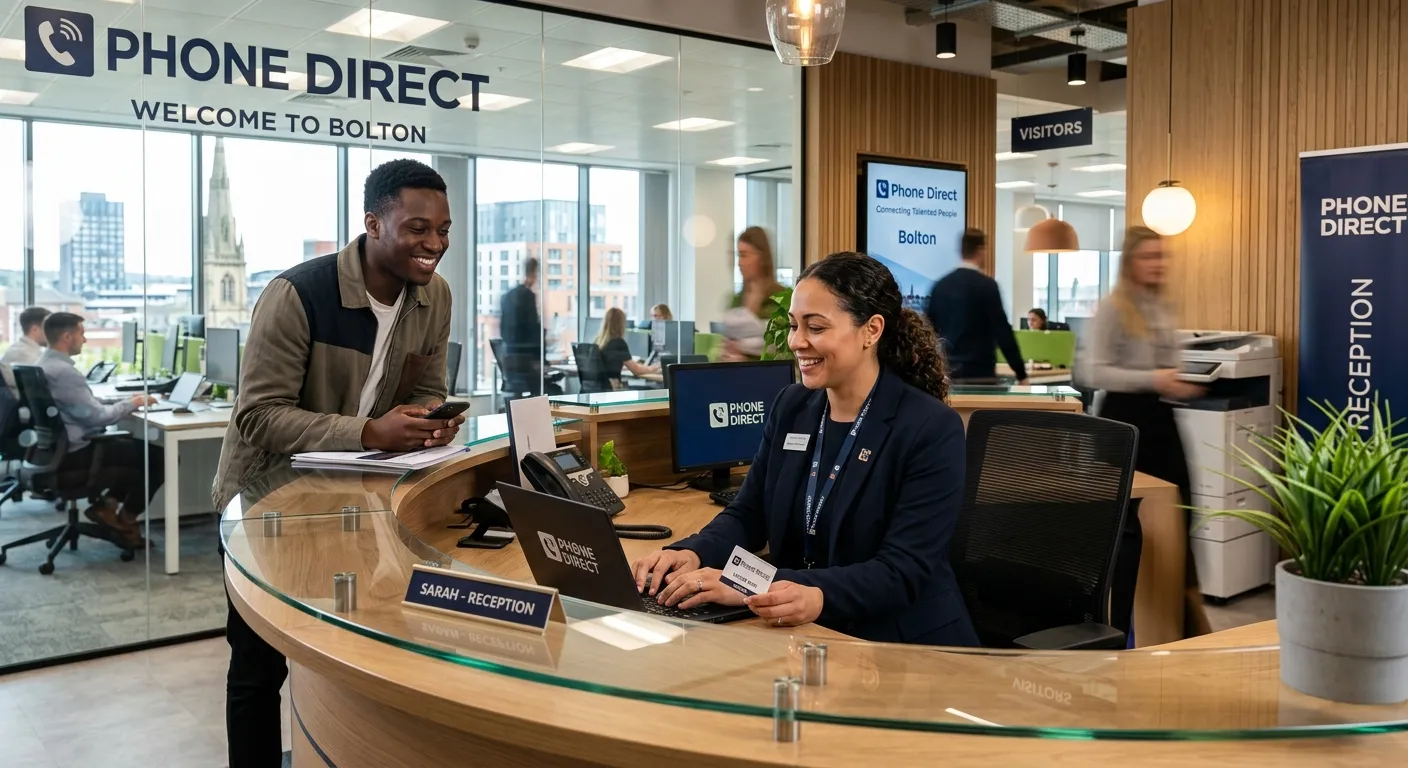 A professional, welcoming receptionist at a modern front desk in a Bolton office setting, smiling while assisting a visitor, representing the friendly and efficient service Phone Direct connects job seekers to.
