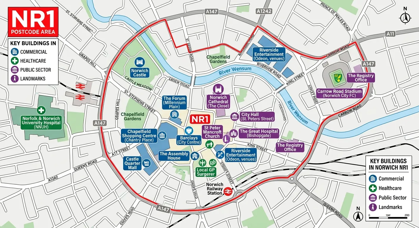 A map of Norwich NR1 postcode area highlighting key commercial buildings, healthcare facilities, and public sector landmarks.
