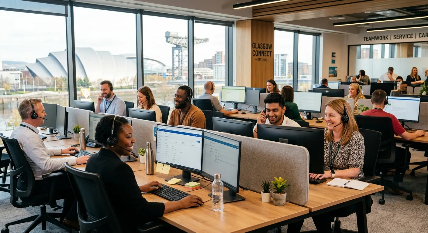 A professional and welcoming image of a diverse call centre team in Glasgow, wearing headsets and smiling while working at modern workstations. The image should convey a collaborative, efficient, and positive work environment.