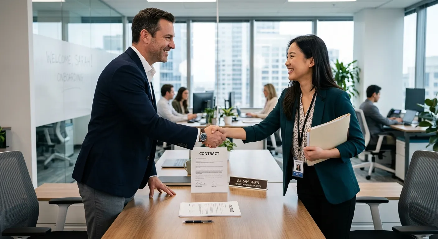 A professional, modern office scene with a business manager shaking hands with a temporary worker, with a contract document subtly in the background, symbolizing a successful transition. Style: Professional business photography with a focus on human connection and paperwork. Mood: Empowering, decisive, and forward-looking.