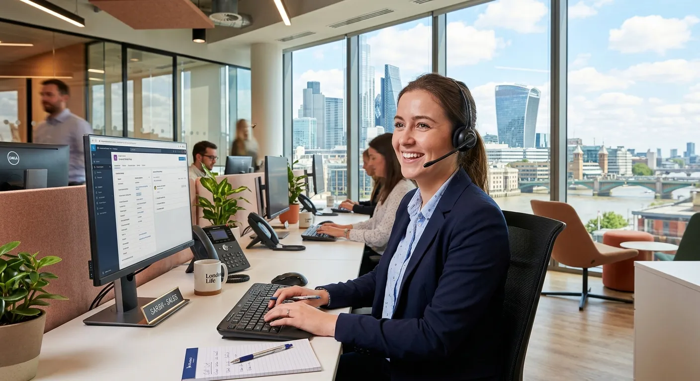 A professional, friendly telemarketer wearing a headset, smiling while working in a modern London of... A professional, friendly telemarketer wearing a headset, smiling while working in a modern London office environment, with the City skyline visible through a window. Style is bright, professional, and inviting.