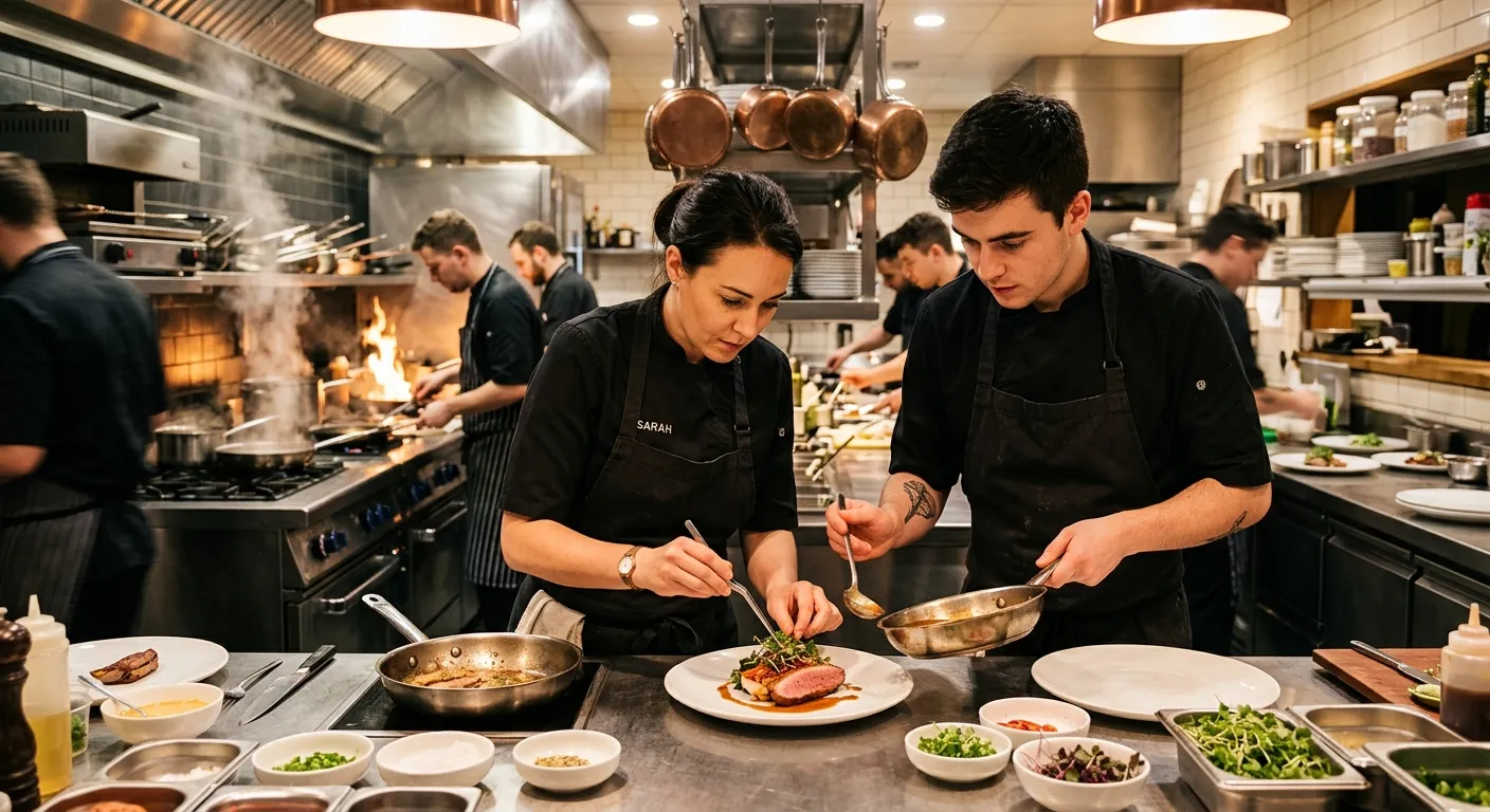 A dynamic, high-energy kitchen scene featuring a professional chef and assistant collaborating seamlessly. Style: Modern, professional photography with warm lighting. Mood: Efficient, collaborative, and culinary excellence.