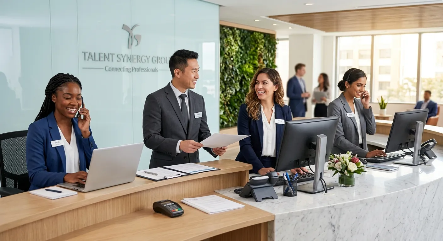 A professional, diverse group of receptionists smiling and working at a modern, bright office reception desk, representing the ideal candidates a recruitment agency would place. Style: Professional corporate photography, mood: confident, welcoming, and efficient.