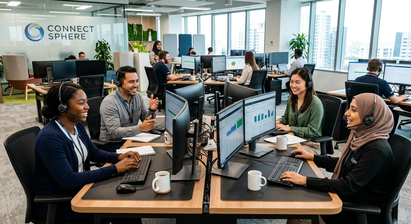 A modern, diverse team of contact centre professionals wearing headsets, smiling and collaborating in a bright, open-plan office with multiple monitors. Style: Professional, vibrant, and dynamic, conveying efficiency and teamwork.