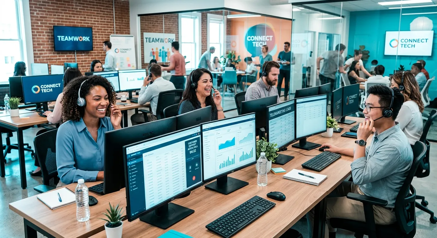 A modern, dynamic office environment with a diverse team of remote telemarketing and customer service professionals wearing headsets, smiling and working on multiple monitors. The style is professional, high-energy, with a slight cyan tint to match brand colors.