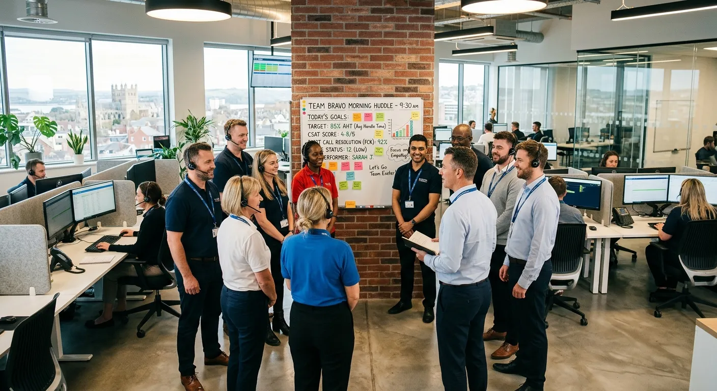 A modern, bright call centre floor in Exeter with agents wearing headsets, engaged in morning team h... A modern, bright call centre floor in Exeter with agents wearing headsets, engaged in morning team huddle, whiteboards with performance goals visible in background