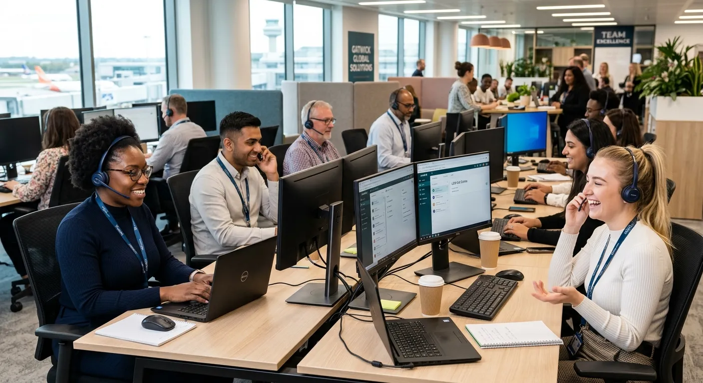 A dynamic, professional photograph of a diverse team of telemarketers and call centre agents in a modern Gatwick office, smiling and wearing headsets, with laptops and monitors visible. The mood is energetic, professional, and inclusive.