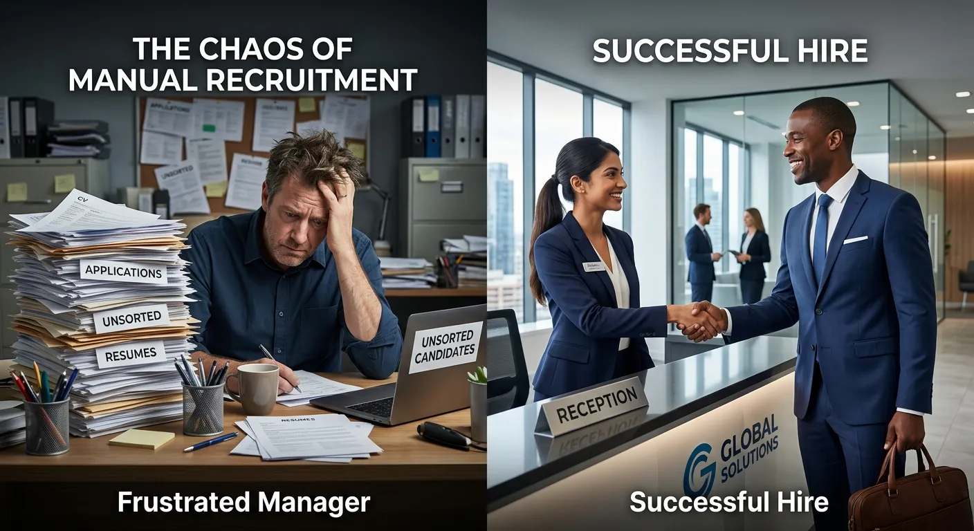 A split-screen graphic showing a frustrated manager looking at a stack of CVs on one side, and a con... A split-screen graphic showing a frustrated manager looking at a stack of CVs on one side, and a confident business leader shaking hands with a professional receptionist in a sleek office on the other.