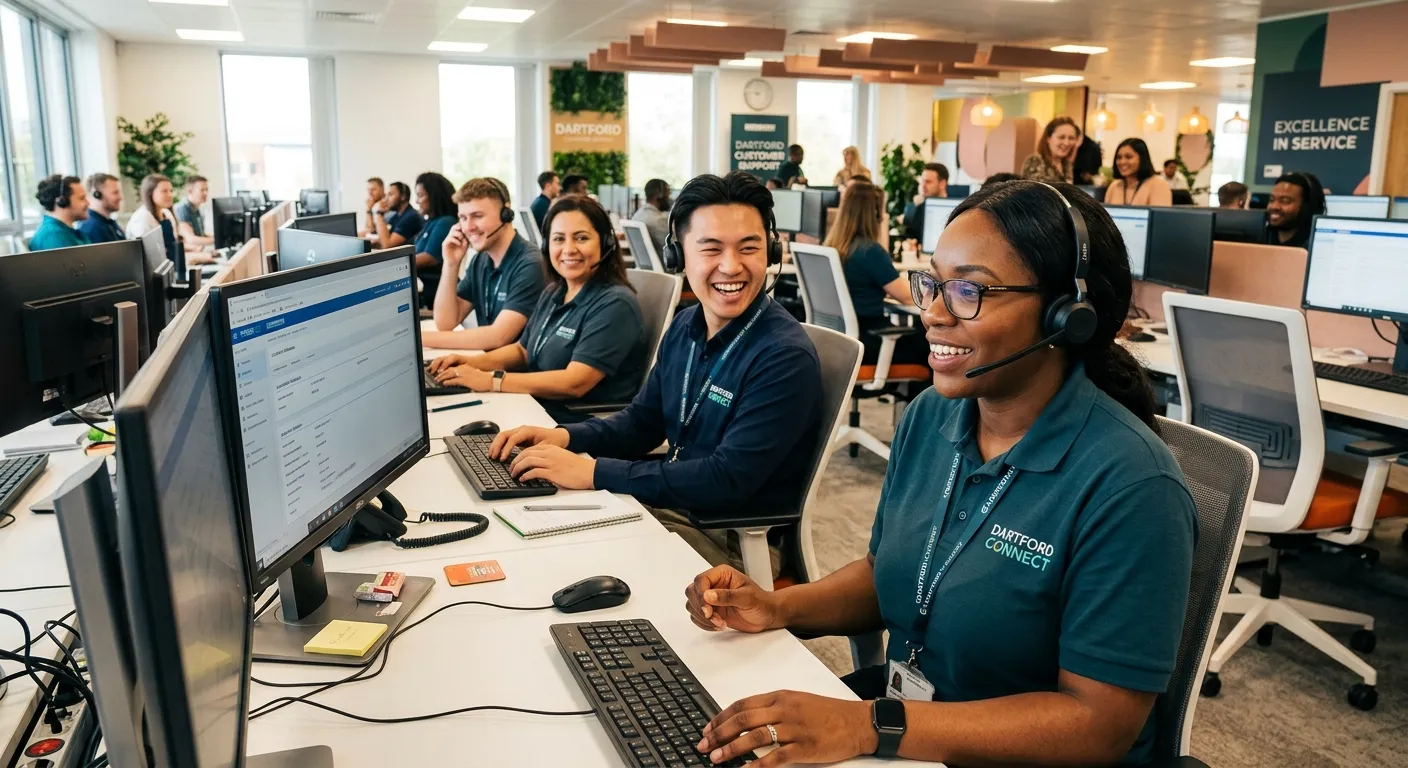 A professional and welcoming image of a diverse team of Customer Service Advisors in a modern Dartford-based call centre, smiling and wearing headsets. Style: Bright, professional, approachable. Focus on friendly interactions and a positive work environment.
